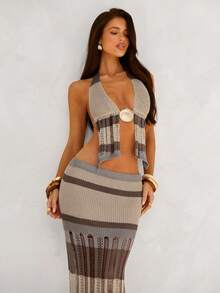 Aloruh 女士春夏新款波西米亚复古风钩针编织两件套，优雅性感沙滩度假装：露背吊带短款上衣+超低腰镂空长裙两件套，女士两件套，秋冬性感女装 - 灰色 - 查看 4