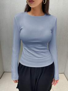 FRIFUL 女士纯色圆领修身保暖长袖T恤，秋冬款 - 水鴨藍 - 查看 4