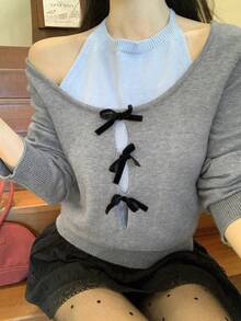 DAZY Sweater Rajut 2 in 1 Kasual Longgar Elegan dengan Hiasan Pita untuk Wanita, Musim Gugur/Dingin - Grey - View 8