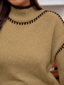 Vionelle Plus Size Women Knitted Pullover Sweater, Elegant Fashion Color Block Loose Fit Casual Versatile Top, Autumn/Winter Fall Sweater Jumper For Woman Brown Sweater Women Sweater Knitted Sweater - Khaki - View 7