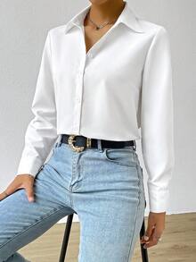 SHEIN EZwear Casual Versatile Solid Color Long Sleeve Shirt - White - View 8