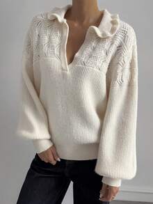 DAZY Women's Elegant Solid Color Turndown Collar Partially Cardigan Sweater, Autumn - Beige - View 3