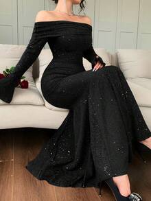 DAZY 优雅亮片露肩鱼尾中长连衣裙，秋季女装 - 黑色 - 查看 1