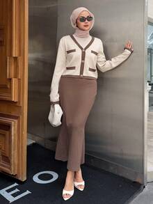 DAZY Women's Elegant Contrast Color Cardigan & Skirt 2 Pieces Set, Autumn Modest Fashion Long Sleeve Tops - Khaki - View 4