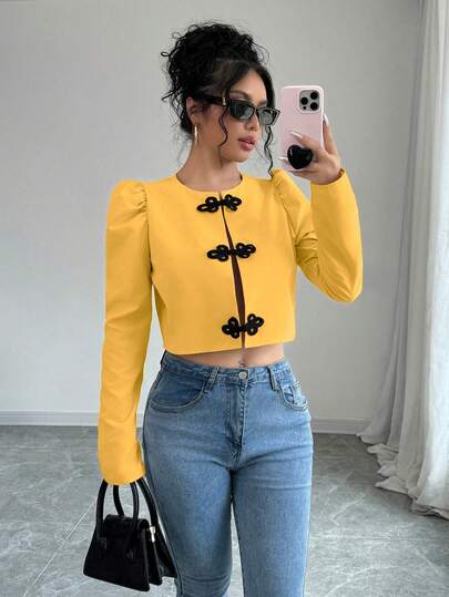 Selianne Puff Sleeve, Button Placket, Chinese Style Short Elegant Women Blouse