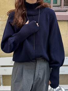 FRIFUL 女士纯色高领插肩袖灯笼袖时尚宽松针织套头毛衣 - 藏蓝色 - 查看 2