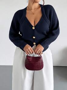 Firerie Plus Size Solid Color Front Button Long Sleeve Casual Knit Cardigan In Fall/Winter Navy Blue Old Money Office - Navy Blue - View 7