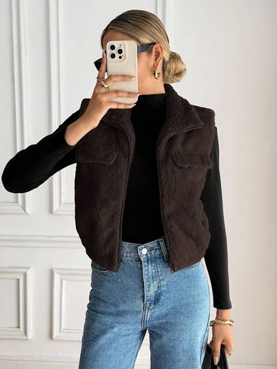 Serisse Women's Solid Color Zipper Sleeveless Faux Fur Jacket, Autumn/Winter Brown Casual