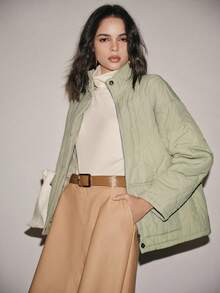 Lumivelle 女士常规版型秋冬绗缝浅肩3D葫芦花优雅浅绿色假日外套，宽松休闲通勤百搭绗缝大衣