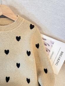 SHEIN 青少年女孩超大休闲简约舒适长袖圆领卡其色毛衣，带有心形图案 - 杏色 - 查看 4