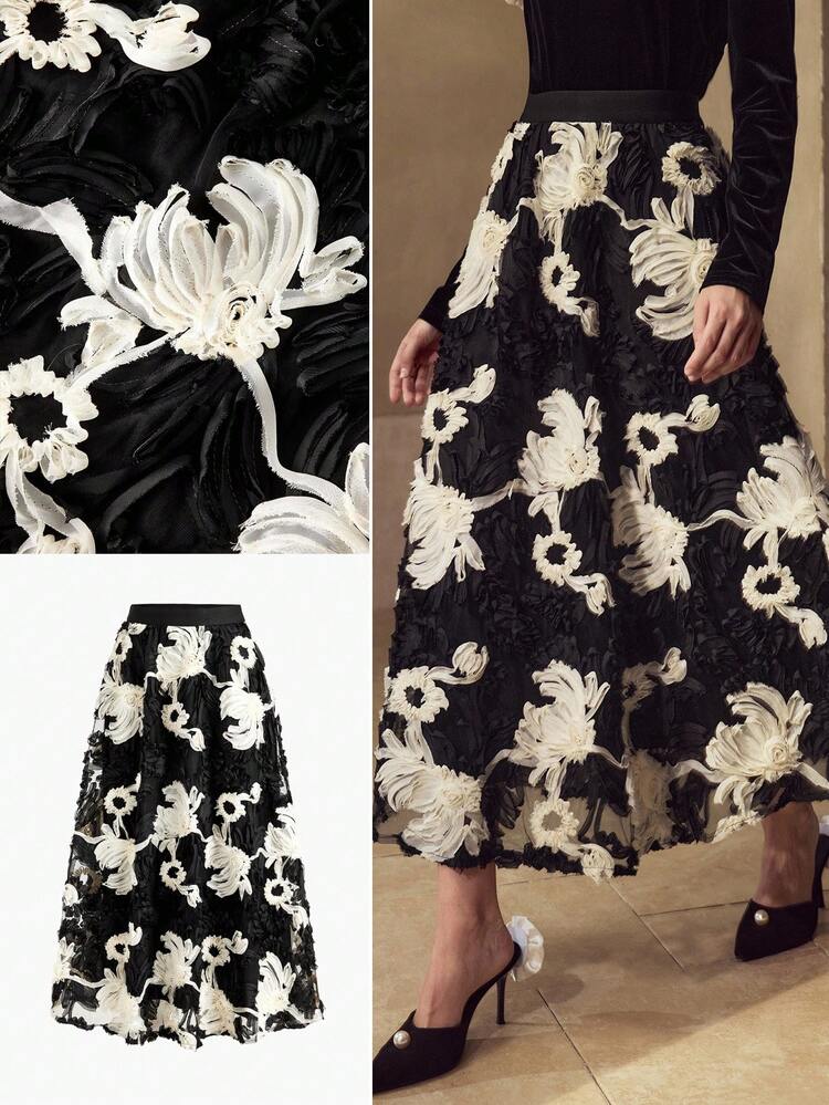 ELEGANT BLACK & WHITE A-LINE TEXTURED FLORAL ELASTIC WAIST SKIRT