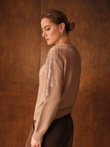 MOTF PREMIUM SEQUINS BEADED FLORAL KNIT RAGLAN SLEEVE SWEATER - Khaki - View 4