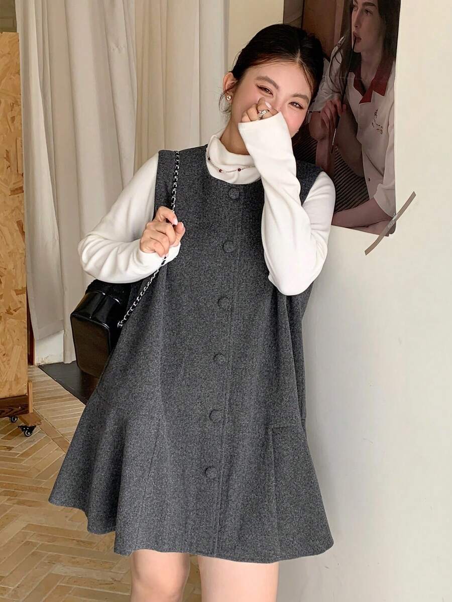 Dazy Plus Thick Woolen Fabric Sleeveless Short Casual Plus Size Women Mini Dress - Grey - View 1