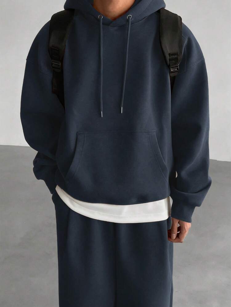 Navy Blue Men's Hooded Solid Color Sweatsuit Set, Autumn/Winter