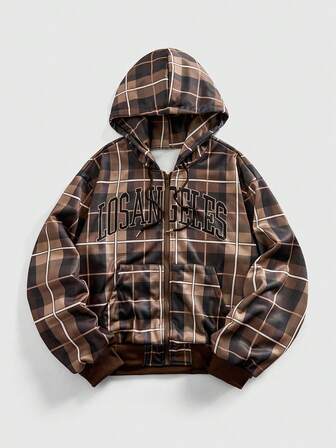 Street Life Men's Letter & Plaid Print Long Sleeve Zip-Up Casual Hoodie, Autumn/Winter