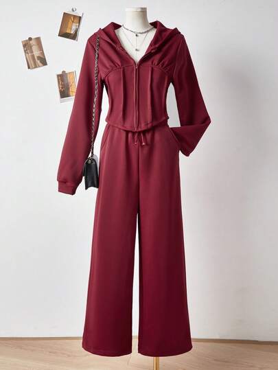 2 st/set tonårsflickor grå huvtröja och lösa byxor fritidsdräkt, huvtröja med dragkedja och byxor med avslappnad passform