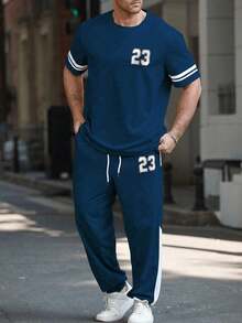 Manfinity Homme 2pcs/Set Plus Size Men Colorblock Stripe & Digit Print T-Shirt And Pants Set