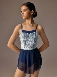 SHEIN 少女海军蓝芭蕾舞紧身衣和裙子套装，修身紧身可调节高端天鹅绒拼接高弹力面料，搭配柔软网眼裙，优雅的芭蕾舞裙 - 藏蓝色 - 查看 5