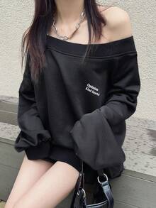 FRIFUL Damen Slogan Muster Off-Shoulder Langarm Lässiges Lose T-Shirt