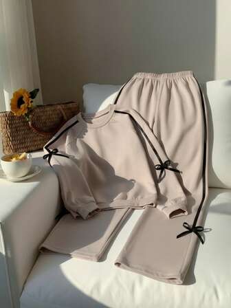 SHEIN Tween Girls Casual Resort Comfy Simple Preppy Cute Bow Contrast Color Tape 2 Pieces Set Young Girls Sets Fall Winter