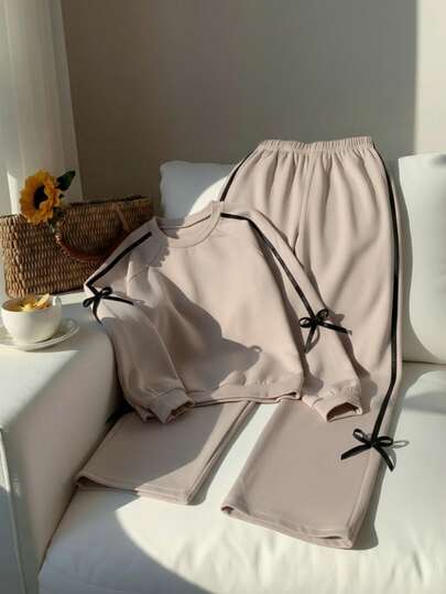 SHEIN Jesienne zestawy dla dziewczynek tween, 2-częściowy komplet z bluzką, casualowy, resortowy, wygodny, prosty, preppy, uroczy, z kokardką, kontrastową taśmą, rozmiar S, dla młodych dziewczynek