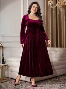 Modelyn 优雅丝绒水钻装饰方领长袖荷叶边A字连衣裙，尺码齐全，适合春秋季穿着。 - 酒紅色 - 查看 5