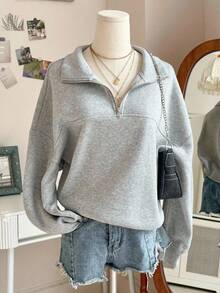 Teen Girl Solid Color Half-Zip Dropped Shoulder Long Sleeve Loose Casual Pullover Pullover Sweatshirt