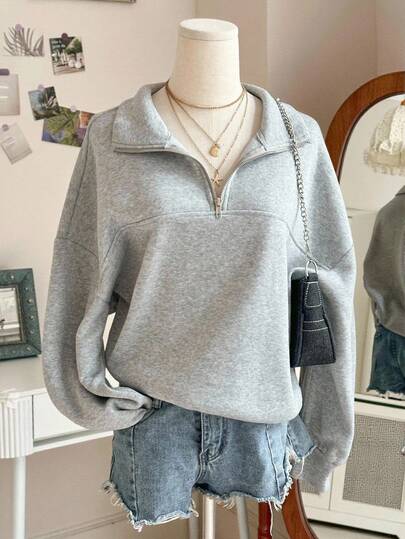 SHEIN Sparklyn Teen Girls Fleece Autumn Clothes Solid Color Half-Zip Dropped Shoulder Long Sleeve Loose Casual Cute Pullover Sweatshirt Warm Outfit School Grey