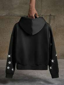 AXEPEAK Men's Hoodie With Clear Rhinestones And Loose Fit Plush Fabric - Black - View 2