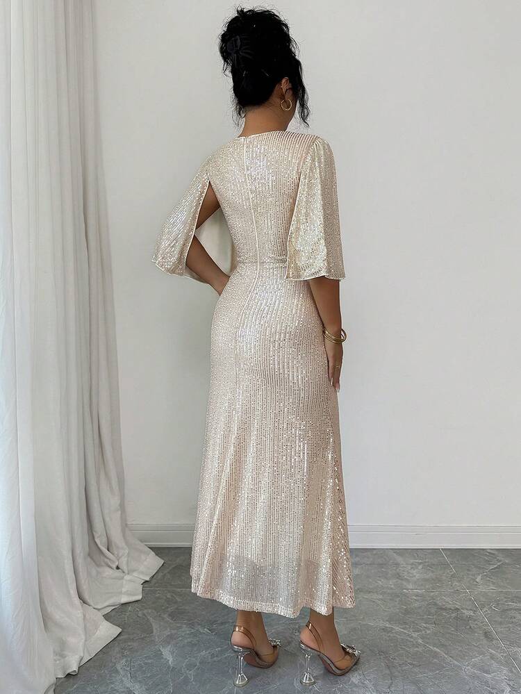 Elegant Sequin 3D Floral Decor Ruffle Sleeve Midi Dress For Women New Year Christmas Carnival Sparkly Dress