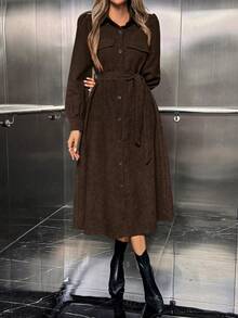 Almamuse Đầm tay đèn lồng cài nút phía trước màu trơn thường ngày cho nữ, mùa thu - Cà phê nâu - Xem 4