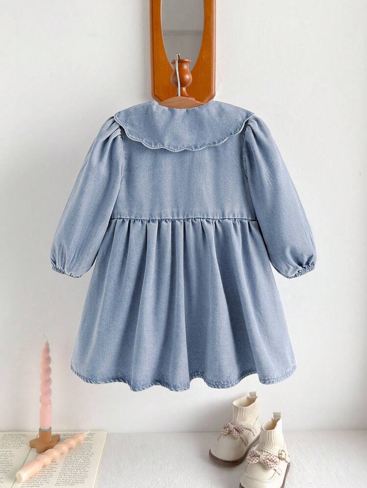 SHEIN Baby Girl Cartoon Cherry Pattern Peter Pan Collar Long Sleeve Waist Dress Baby Denim Dress Baby Vintage Dress - Blue - View 2