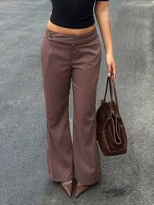 Sunnyshic Quần ống loe cạp thấp kẻ sọc màu nâu dành cho nữ, đa năng, phù hợp cho công sở, thời trang thường ngày và đi làm. - Cà phê nâu - Xem 5