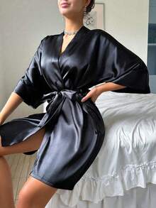 1 Áo choàng lụa satin ngắn thắt lưng thanh lịch trơn màu cho cô dâu Đồ ngủ phù dâu mùa thu đông Đồ ngủ mặc ở nhà Áo choàng tắm Quà tặng ngày lễ Ngày lễ tình nhân - màu đen - Xem 2