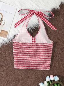 Sweetra Plaid Spaghetti Strap Bow Backless Camisole Tank Top For Women, Sexy Open Back Sleeveless Top