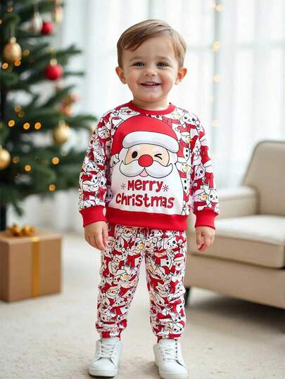 两件套男婴圣诞主题休闲运动服套装，可爱的圣诞老人和雪人印花，圆领长袖卫衣搭配松紧腰裤，面料柔软，适合圣诞派对穿着，轻便透气，春秋季皆宜，是圣诞节的理想之选，男婴圣诞服装套装