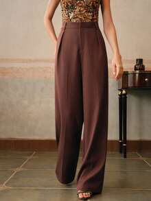 Anewsta Petite 优雅时尚设计褶裥砖红色女士西装裤，带口袋，直筒裤型，娇小款 - 棕色 - 查看 1