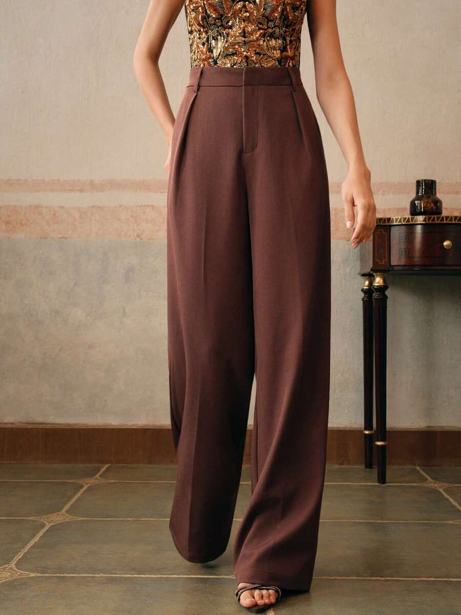 Anewsta Petite 优雅时尚设计褶裥砖红色女士西装裤，带口袋，直筒裤型，娇小款 - 棕色 - 查看 1