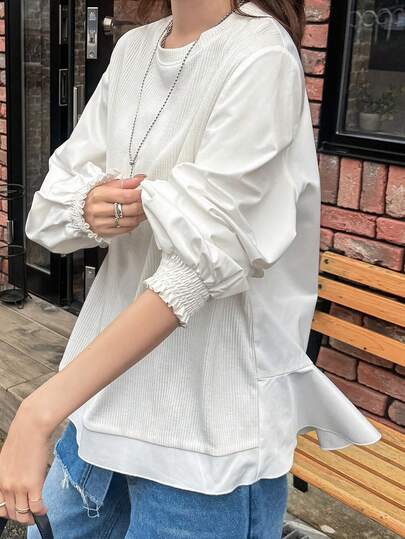 FRIFUL Women's Solid Color Round Neck Drop Shoulder Long Sleeve Loose Casual Sweatshirt