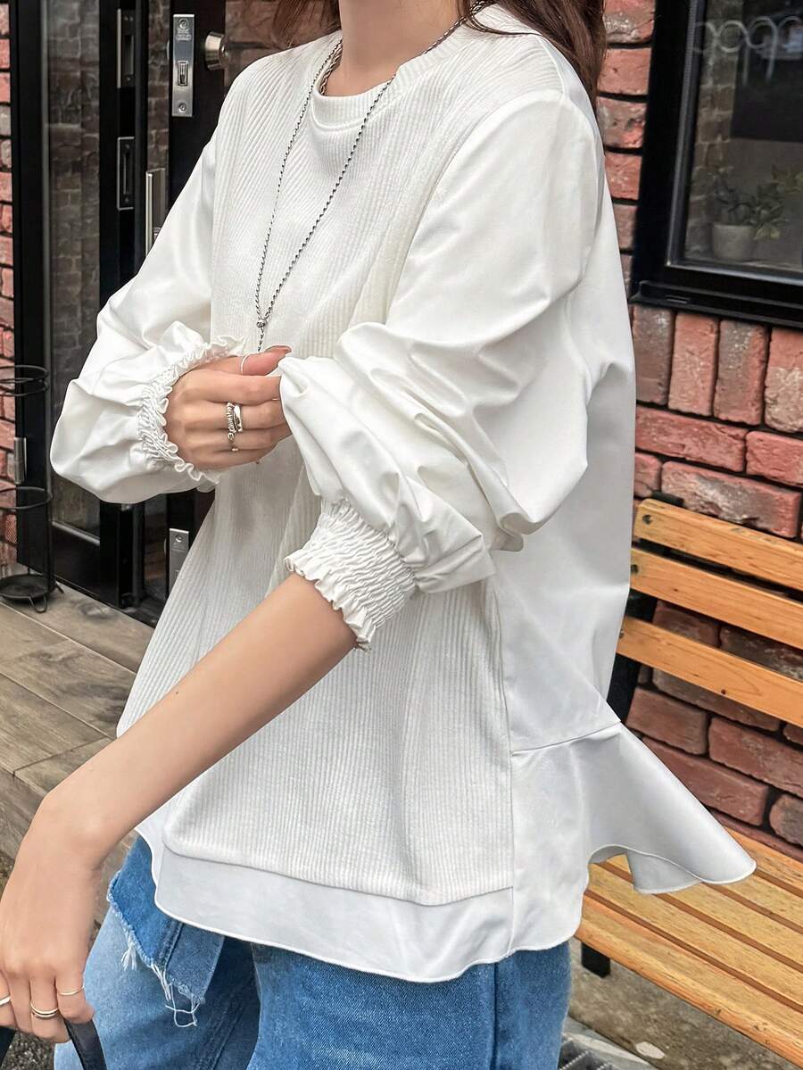 FRIFUL 女士纯色圆领落肩长袖宽松休闲卫衣 - 杏色 - 查看 1