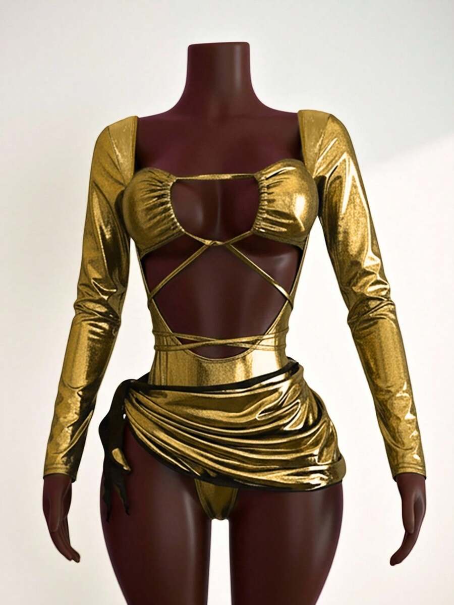Mistrie 1 Set Damen Modischer Sexy Metallic Jumpsuit mit Cut-Outs und Minirock, Party-Outfit, Silvester-Outfit, Glitzer-Set Neujahrs-Outfit, Weihnachts-Party-Outfit, Valentinstags-Kleidung - Gold - Übersicht 1