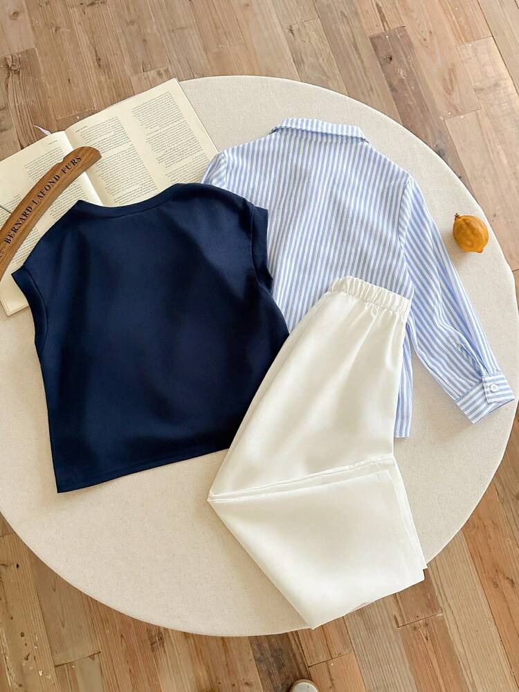 男童休闲校园风三件套：长袖衬衫+无袖背心+松紧腰裤，适合秋冬季穿着 - 彩色 - 查看 2