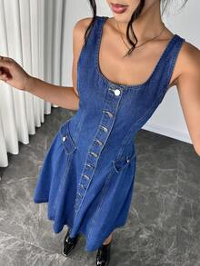 Elenzga 女式休闲牛仔口袋连衣裙 - 藍色 - 查看 3