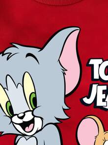 TOM & JERRY X SHEIN Baby Boy Casual Cartoon Cat & Letter Print Crew Neck Red Sweatshirt, Autumn - Red - View 5