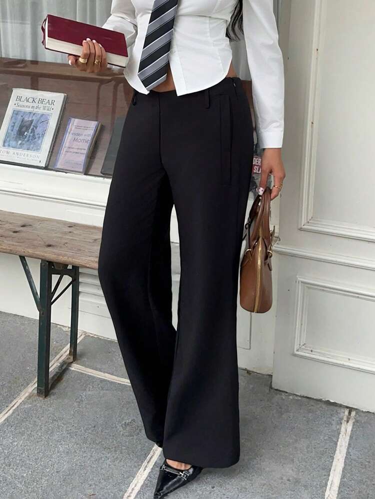 SHEIN EZwear Quần tây nữ ống rộng màu đen, thời trang, đa năng, thích hợp đi làm, quần công sở nữ, mùa xuân. - màu đen - Xem 3