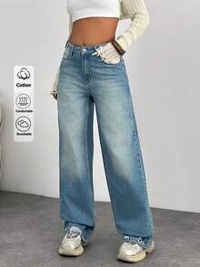 EURMUSE 100 COTTON HIGH WAIST BUTTON DETAILED WIDE LEG Low Rise Jeans Y2k Casual Oversized Loose Baggy Everyday Holiday Light Blue Summer - Medium Wash - View 2