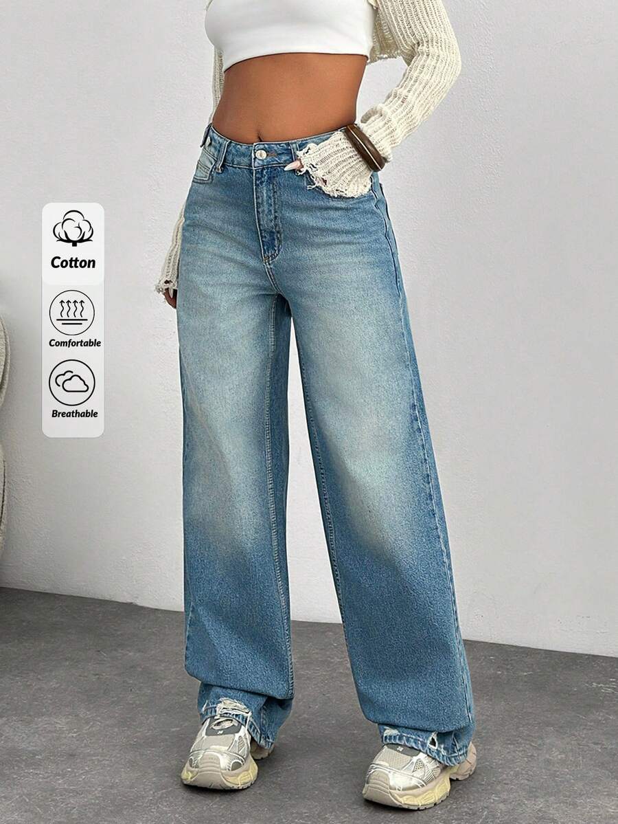 EURMUSE 100 COTTON HIGH WAIST BUTTON DETAILED WIDE LEG Low Rise Jeans Y2k Casual Oversized Loose Baggy Everyday Holiday Light Blue Summer