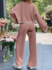 EURMUSE 2pcs Bow Decor Contrast Trim Knitted Sweater And Pants Set - Dusty Pink - View 2