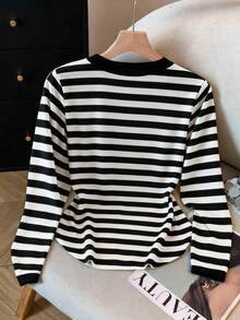 Franclia 休闲百搭条纹半拉链修身长袖黑白条纹女式T恤，打底衫，秋冬季 - 黑與白 - 查看 2