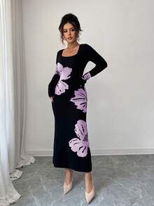 Elenzga Gaun Sweater Bodycon Rajut Jacquard Leher Persegi - Mauve Purple - View 5